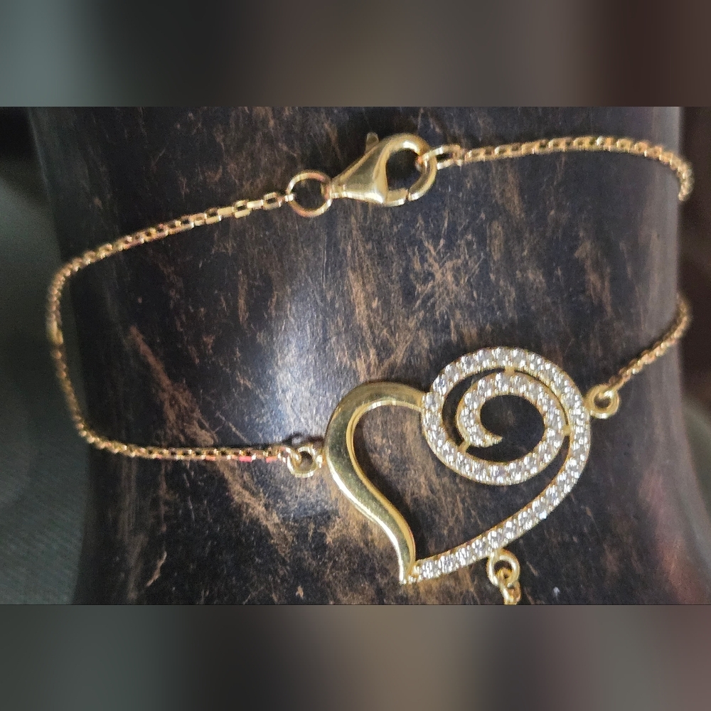 HOST PICK!๐๐ White Sapphires Sterling & Gold Heart Chain Bracelet Glove 8" - Picture 6 of 8